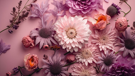 Purple background with top view pink and purple flowers composition by generative AIの素材