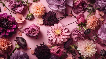 Purple background with top view pink and purple flowers composition by generative AIの素材