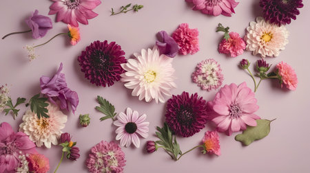 Purple background with top view pink and purple flowers composition by generative AIの素材