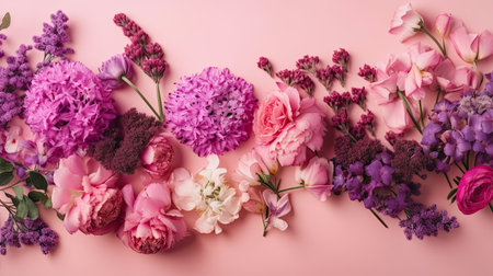 Purple background with top view pink and purple flowers composition by generative AIの素材