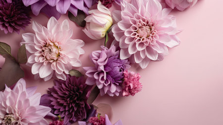 Purple background with top view pink and purple flowers composition by generative AIの素材