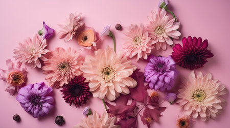 Purple background with top view pink and purple flowers composition by generative AIの素材