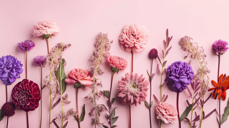 Purple background with top view pink and purple flowers composition by generative AIの素材