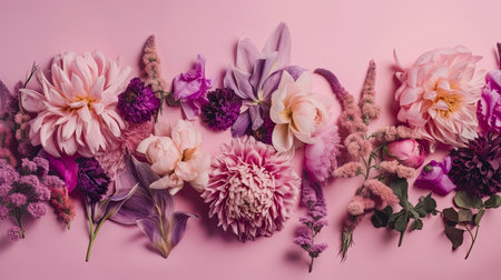 Purple background with top view pink and purple flowers composition by generative AIの素材