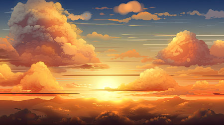 Illustrated sky with clouds, sun, stars, and sunrise or sunset. Artistic digital drawing. Atmospheric and dreamlike generative AIの素材