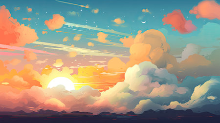 Illustrated sky with clouds, sun, stars, and sunrise or sunset. Artistic digital drawing. Atmospheric and dreamlike generative AIの素材
