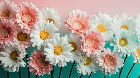 Fresh and delicate daisies on a pastel background, vibrant and colourful. Aesthetic and elegant floral composition generative AIの素材