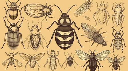 Assortment of hand drawn insects, including beetles. Unique and artistic collection by generative AIの素材