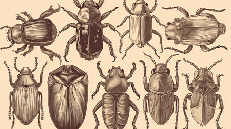 Assortment of hand drawn insects, including beetles. Unique and artistic collection by generative AIの素材