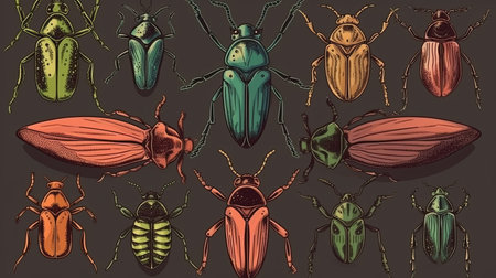 Assortment of hand drawn insects, including beetles. Unique and artistic collection by generative AIの素材