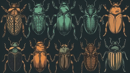Assortment of hand drawn insects, including beetles. Unique and artistic collection by generative AIの素材