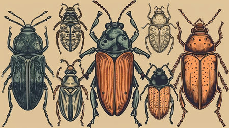 Assortment of hand drawn insects, including beetles. Unique and artistic collection by generative AIの素材