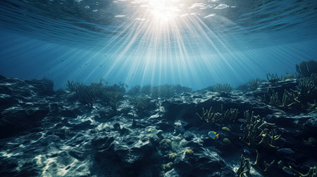 Blue sunlight illuminating underwater sea, creates stunning marine photography by generative AIの素材