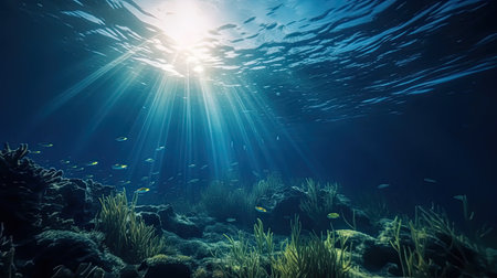 Blue sunlight illuminating underwater sea, creates stunning marine photography by generative AIの素材