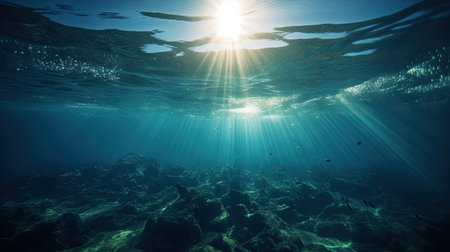 Blue sunlight illuminating underwater sea, creates stunning marine photography by generative AIの素材
