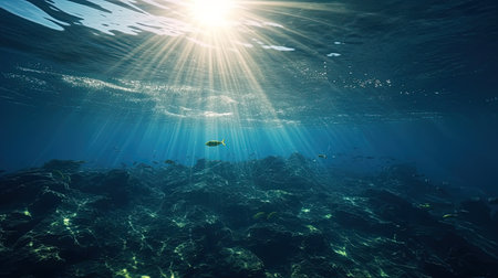 Blue sunlight illuminating underwater sea, creates stunning marine photography by generative AIの素材