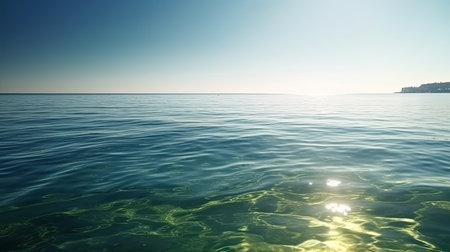 Picture a serene ocean surface on a sunny day, with calm waters by generative AIの素材