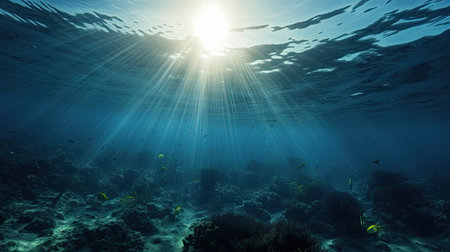 Blue sunlight illuminating underwater sea, creates stunning marine photography by generative AIの素材