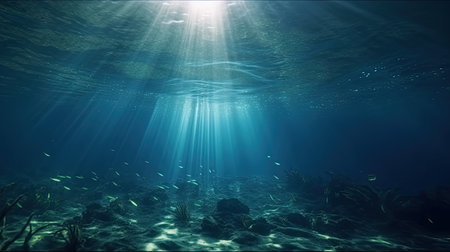 Blue sunlight illuminating underwater sea, creates stunning marine photography by generative AIの素材