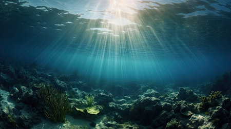 Blue sunlight illuminating underwater sea, creates stunning marine photography by generative AIの素材