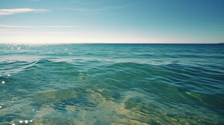 Picture a serene ocean surface on a sunny day, with calm waters by generative AIの素材