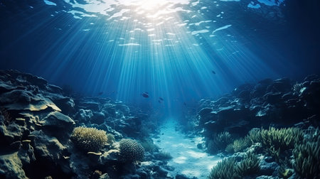Blue sunlight illuminating underwater sea, creates stunning marine photography by generative AIの素材