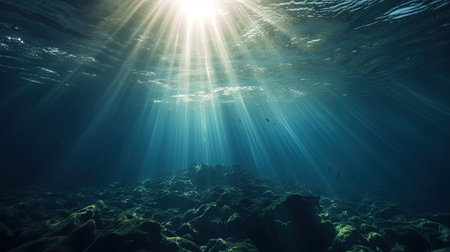 Blue sunlight illuminating underwater sea, creates stunning marine photography by generative AIの素材