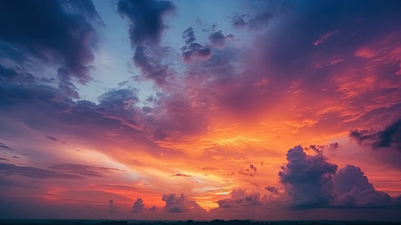 Colorful sky concept. Stunning sunset with vibrant twilight sky and clouds in a dramatic background by generative AIの素材