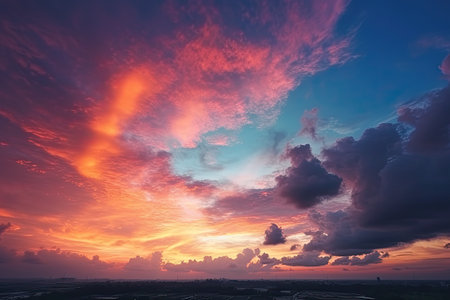 Colorful sky concept. Stunning sunset with vibrant twilight sky and clouds in a dramatic background by generative AIの素材