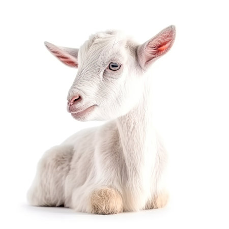 Close up portrait of an expressive baby goat with innocent eyes against a white background by generative AIの素材