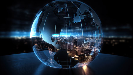 Tech and economy illustrated through an abstract globe focused on North America by generative AIの素材