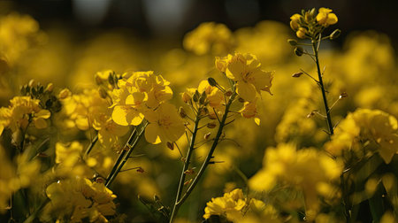 Macro shot of canola blooms in vibrant yellow hue by generative AIの素材