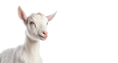 Close up portrait of an expressive baby goat with innocent eyes against a white background by generative AIの素材