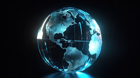 Tech and economy illustrated through an abstract globe focused on North America by generative AIの素材