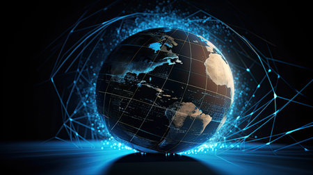Tech and economy illustrated through an abstract globe focused on North America by generative AIの素材