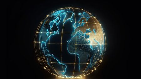 Tech and economy illustrated through an abstract globe focused on North America by generative AIの素材