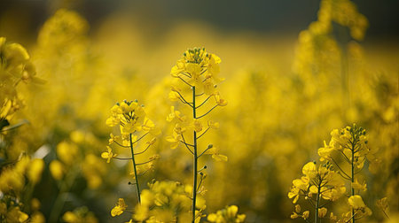 Macro shot of canola blooms in vibrant yellow hue by generative AIの素材