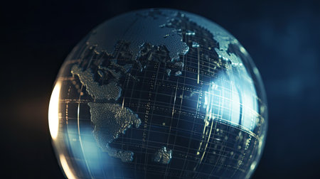 Tech and economy illustrated through an abstract globe focused on North America by generative AIの素材