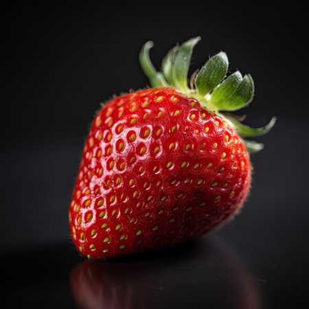 A studio shot of a juicy red strawberry, isolated and close-up on a black background, showcasing its ripe freshness and natural sweetness generative AIの素材