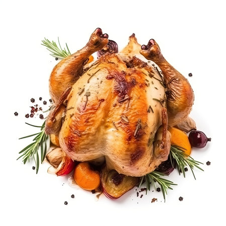 Roasted chicken with herbs and veggies, culinary theme, isolated on white by generative AIの素材