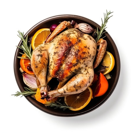 Roasted chicken with herbs and veggies, culinary theme, isolated on white by generative AIの素材