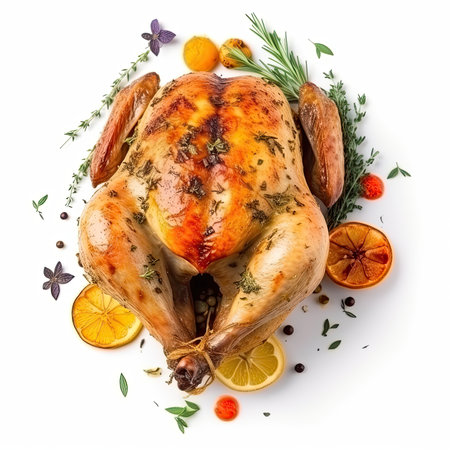 Roasted chicken with herbs and veggies, culinary theme, isolated on white by generative AIの素材