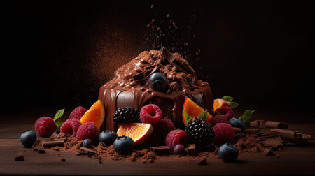 Indulge in a fruity chocolate dessert that packs an explosion of flavor. Captured in a food photography style on a dark backdrop by generative AIの素材