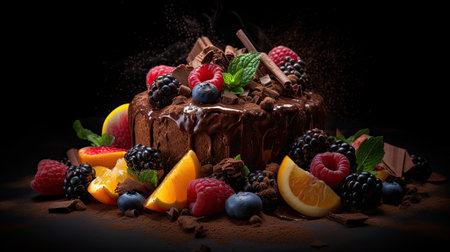 Indulge in a fruity chocolate dessert that packs an explosion of flavor. Captured in a food photography style on a dark backdrop by generative AIの素材