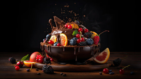 Indulge in a fruity chocolate dessert that packs an explosion of flavor. Captured in a food photography style on a dark backdrop by generative AIの素材