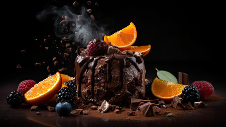 Indulge in a fruity chocolate dessert that packs an explosion of flavor. Captured in a food photography style on a dark backdrop by generative AIの素材