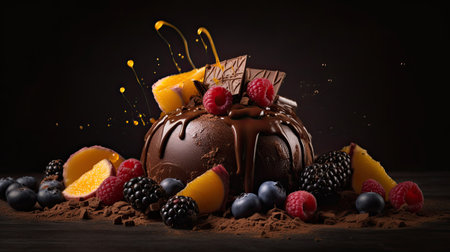 Indulge in a fruity chocolate dessert that packs an explosion of flavor. Captured in a food photography style on a dark backdrop by generative AIの素材