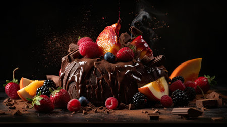 Indulge in a fruity chocolate dessert that packs an explosion of flavor. Captured in a food photography style on a dark backdrop by generative AIの素材