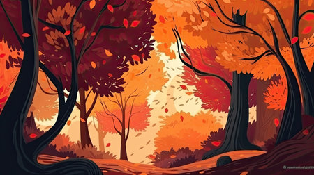 Autumn landscape with orange colors. Generative AIの素材