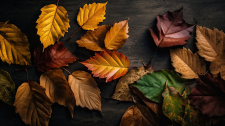 Autumn Leaves. Wallpaper with orange and golden colors. Generative AIの素材